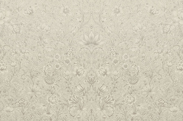 Beige wallpaper with a delicate, tonal floral and botanical damask pattern.